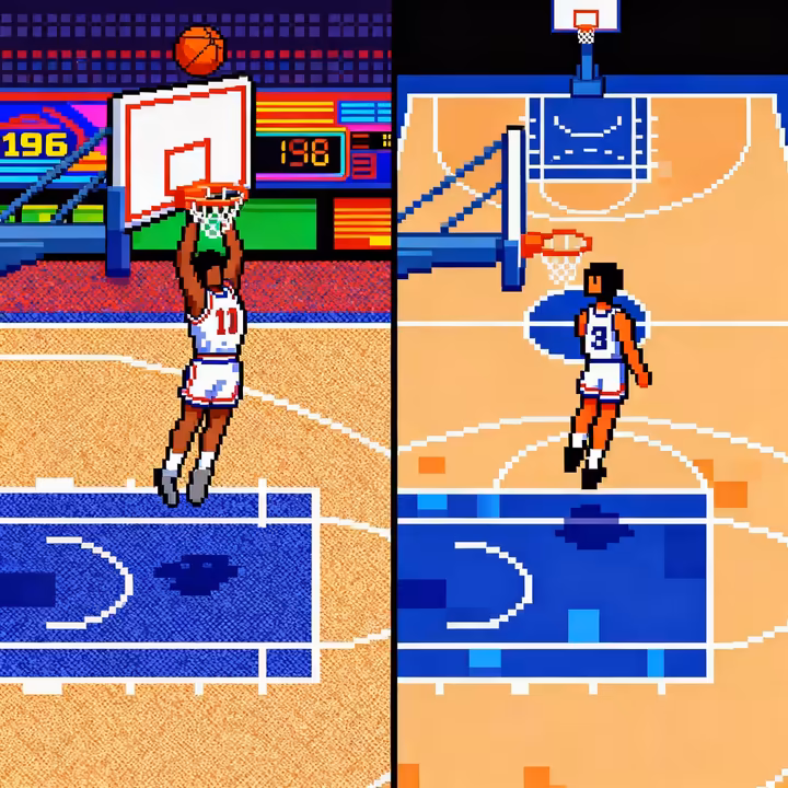 Side-by-side comparison of Double Dribble's graphics on the original arcade cabinet versus the NES console port.