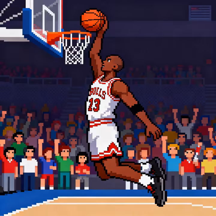 The iconic slam dunk cutscene animation from Double Dribble on the NES, showing a large, detailed player sprite dunking the basketball.