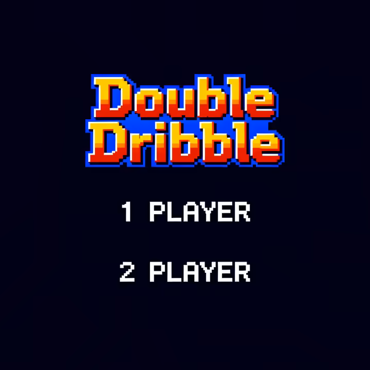 The title screen of Double Dribble on the NES, featuring the logo and the famous garbled announcer voice clip.