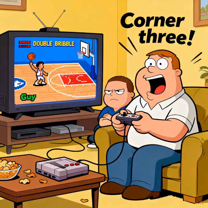 A still frame from the TV show Family Guy where Peter Griffin is shown exploiting the corner three glitch in Double Dribble against Cleveland.