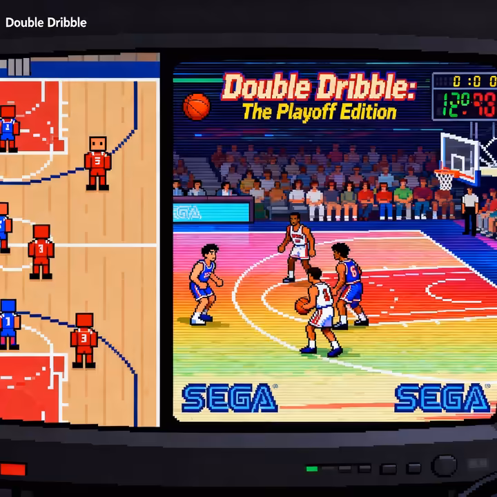 A graphical comparison between the original Double Dribble on NES and its sequel, Double Dribble: The Playoff Edition, on the Sega Genesis.